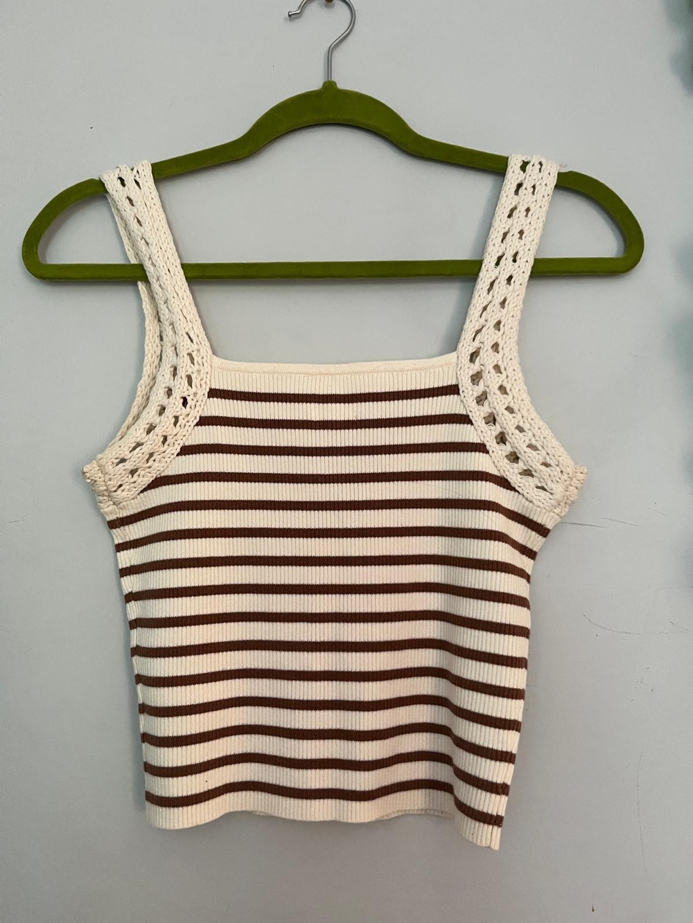 aerie Ribbed Crochet-Trim Striped Camisole in Cream and Brown